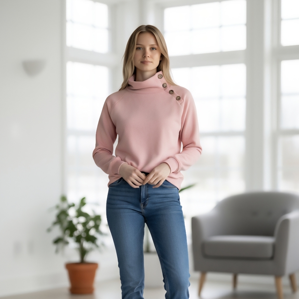 J.Crew Pink Fleece Wide Button Collar Pullover Sweatshirt Med
